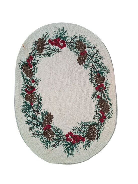 *3 FOR $9* Vintage Braided 13x18 Woven Oval Pinecone Pine Holly Berry Placemat - Picture 1 of 3